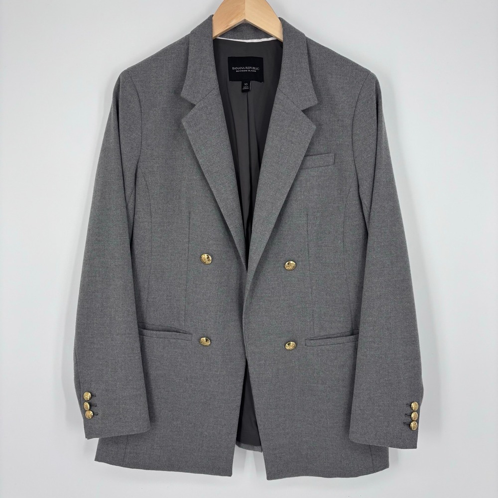 Banana Republic Boyfriend Blazer Women 10 Long Lean Grey Gold Button Suit Jacket